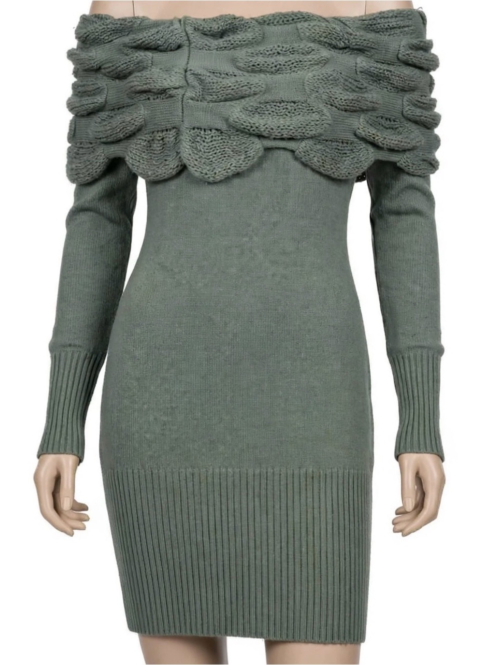 Xtaren Gray Off-Shoulder Ruffle Sweater Dress